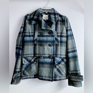 Women’s Wool Blend Hooded Coat, M, Gray/Blue, Plaid, Dbl Breasted, Heritage 1981